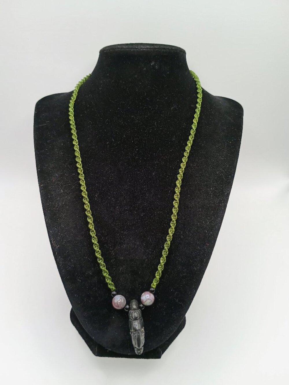 Inca Macrame Necklace Pendant with Hand-Carved Black Stone